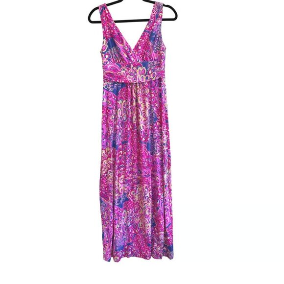 HTF Lilly Pulitzer SLOANE Dress Maxi Floral Navy Blue Pink Lilly Lagoon Pop Up L - Picture 2 of 2